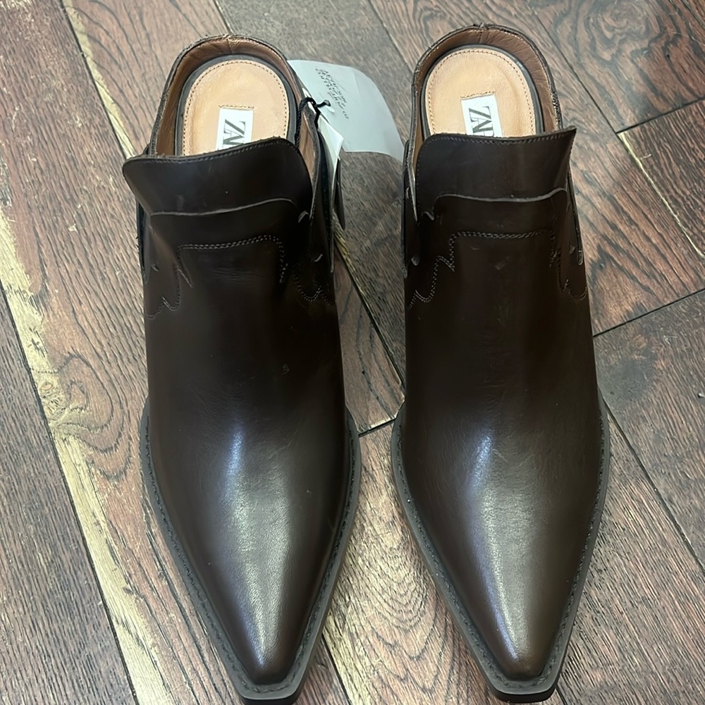 Zara Leather cowboy slide boot brown